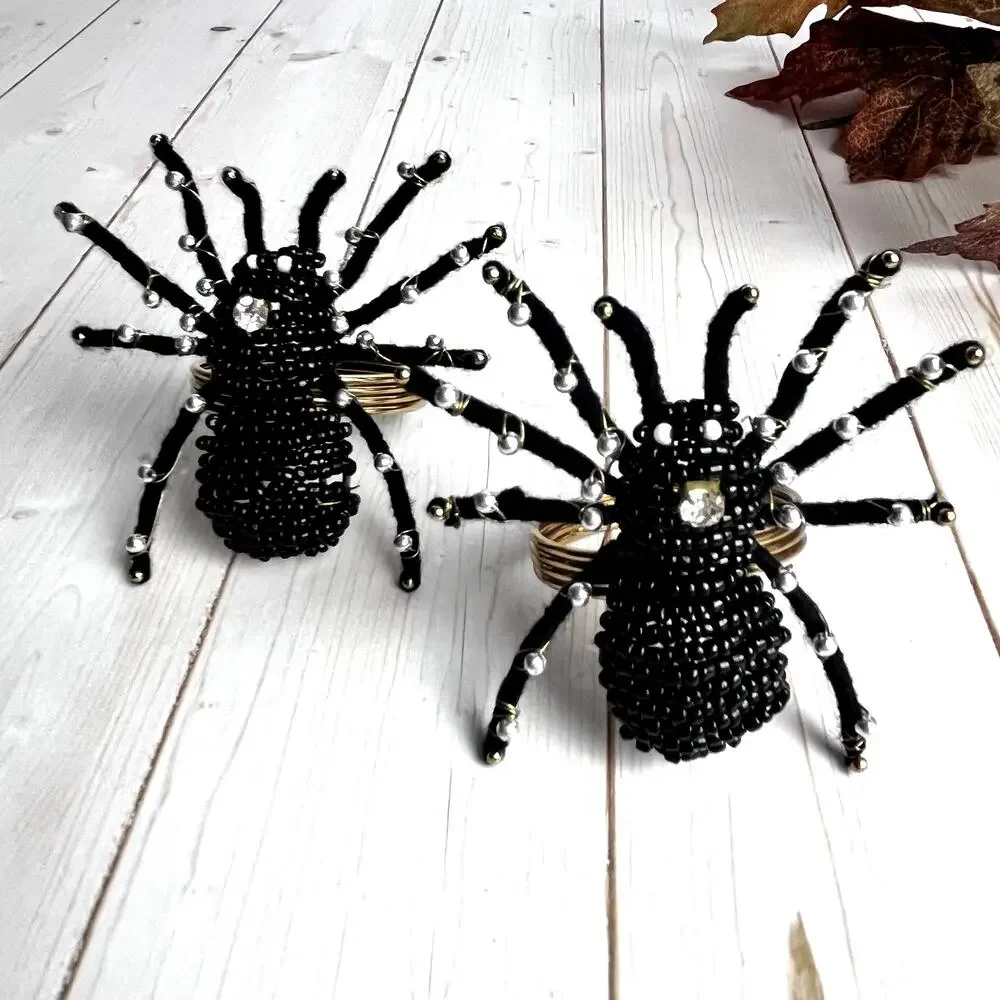 Set of 4 Black Widow Spider Beaded Napkin Rings Rhinestone Gold Halloween Glam